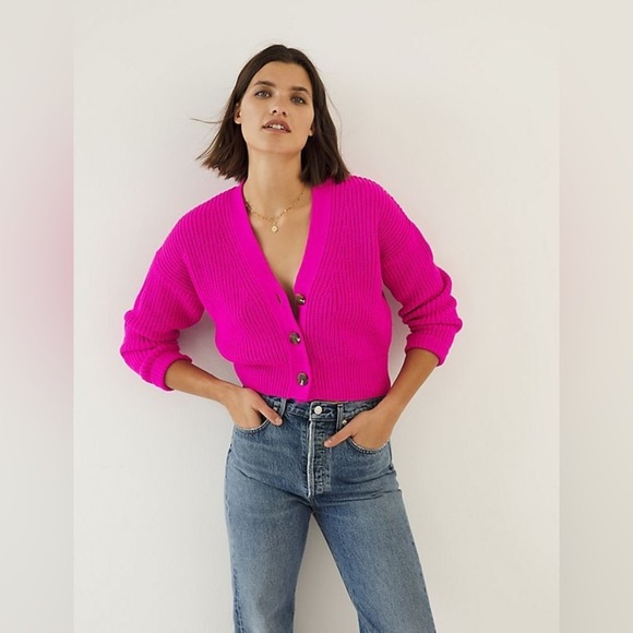 ANTHRO- MAEVE- Women's Vibrant Pink sunny cropped Cardigan Sweater - Picture 1 of 8